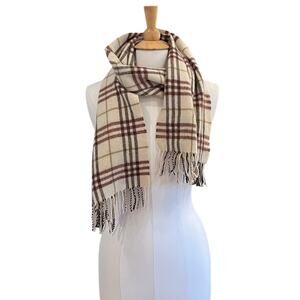Suantrai of Ireland Wool Cashmere Ivory Plaid Nova Check Scarf, Fringe, Unisex
